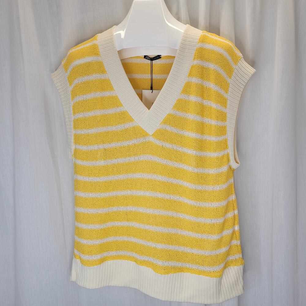 ZARA Boxy Yellow White Poly Cotton Sweater Vest, M, NWT